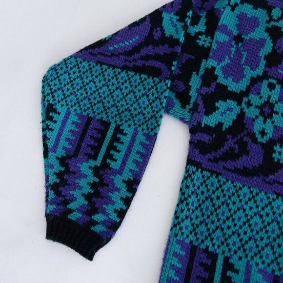 Vintage Country Concepts Black Purple Eclectic Grandma Knit Scoop Neck Sweater M - Picture 8 of 9